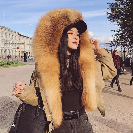 Real Fox Fur Collar Crop Bomber Jackets