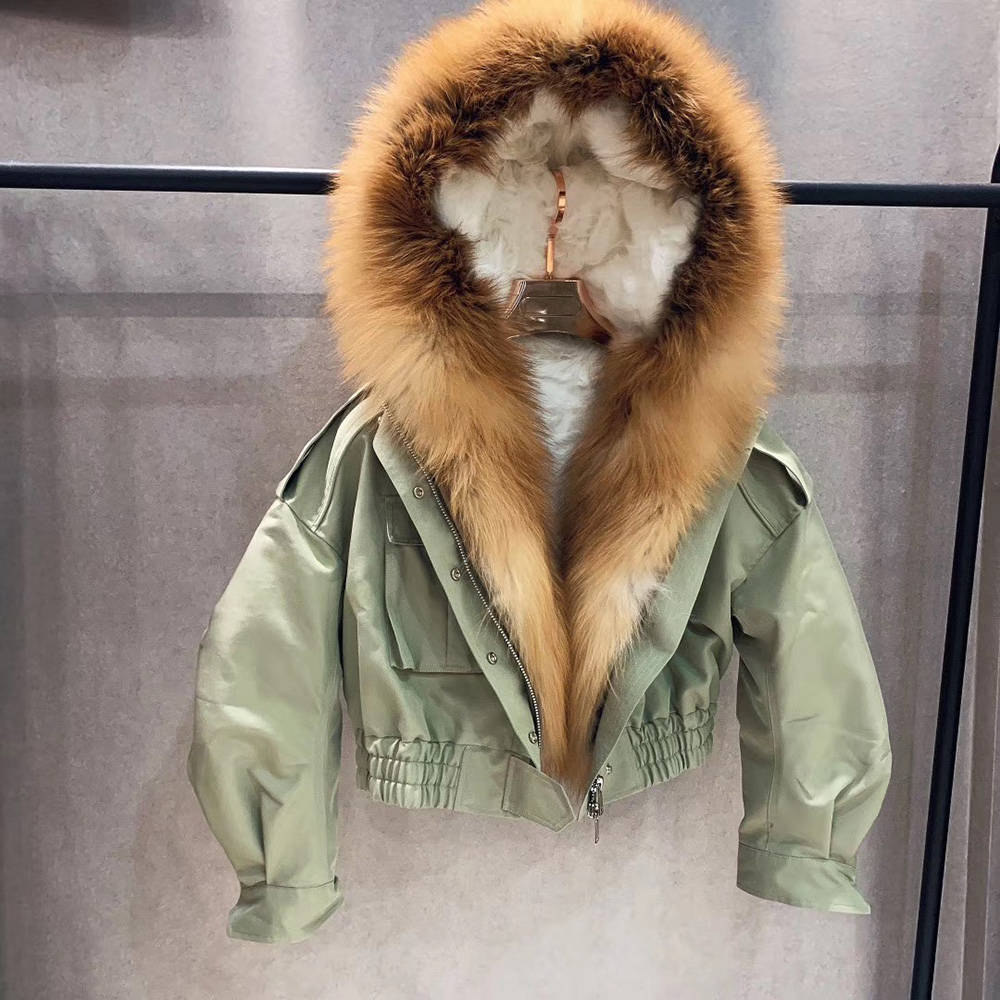 Real Fox Fur Collar Crop Bomber Jackets