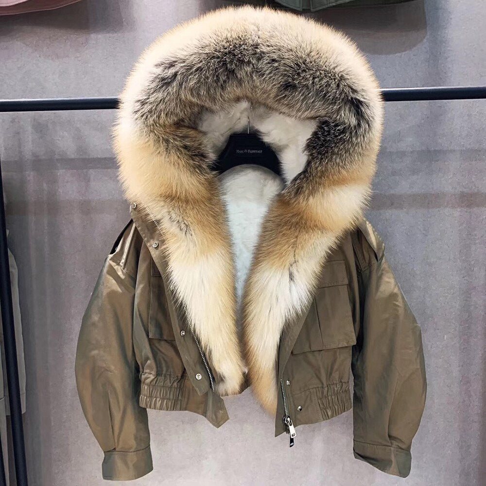 Real Fox Fur Collar Crop Bomber Jackets