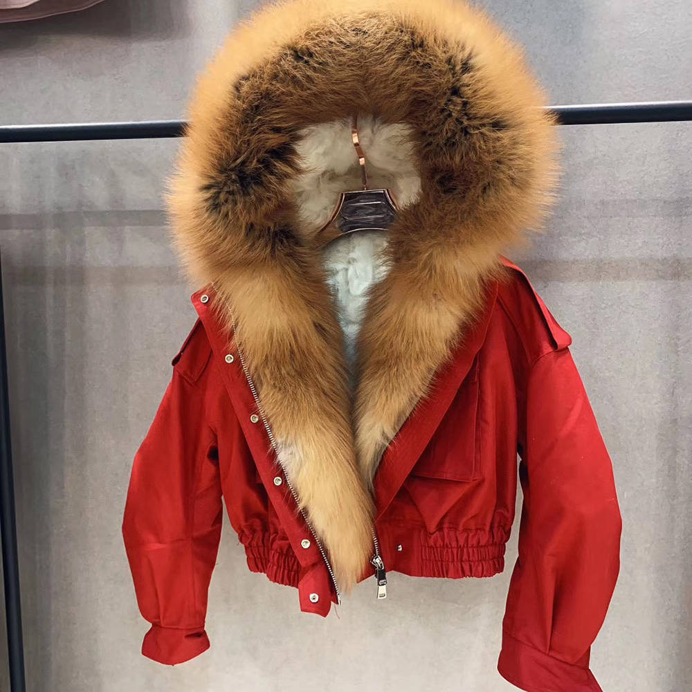 Real Fox Fur Collar Crop Bomber Jackets