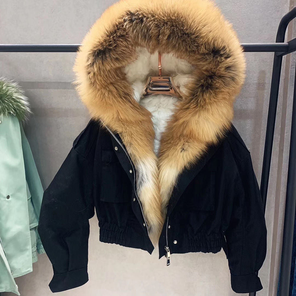 Real Fox Fur Collar Crop Bomber Jackets