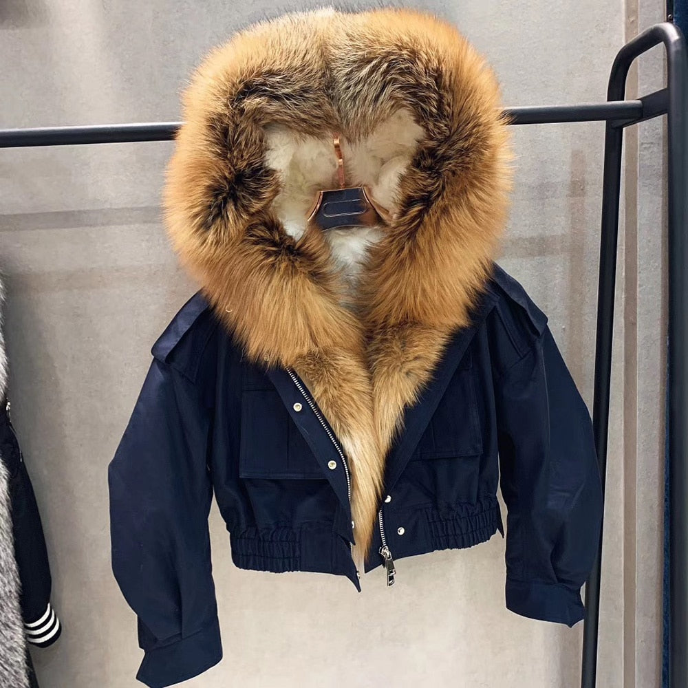 Real Fox Fur Collar Crop Bomber Jackets