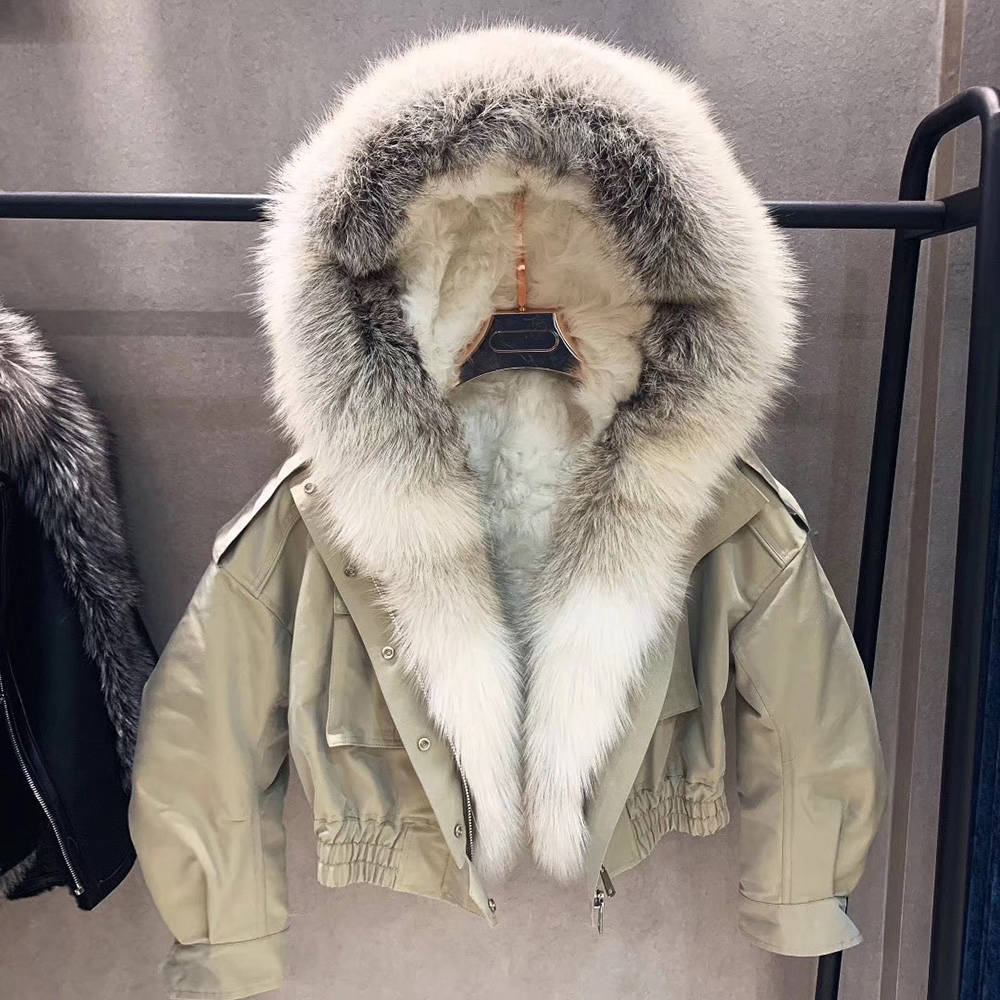 Real Fox Fur Collar Crop Bomber Jackets