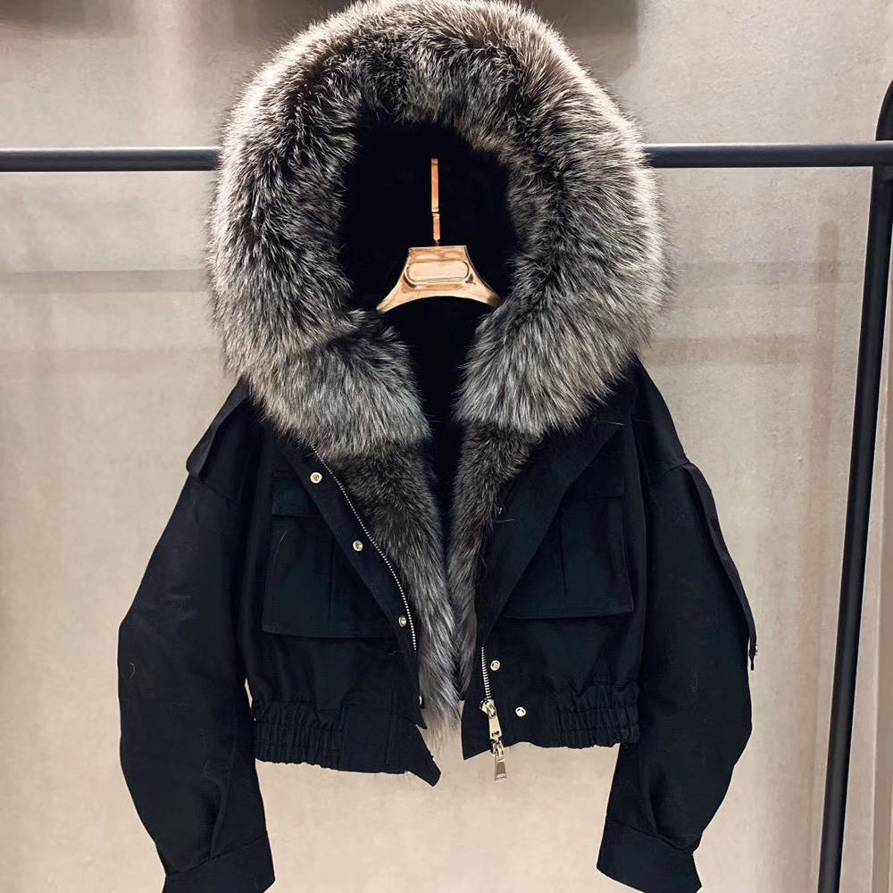 Real Fox Fur Collar Crop Bomber Jackets