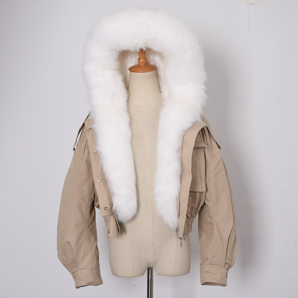Real Fox Fur Collar Crop Bomber Jackets