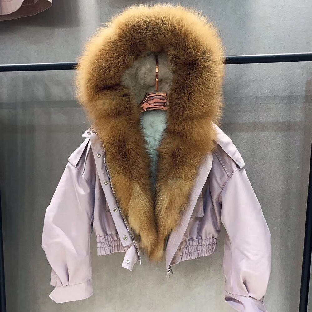 Real Fox Fur Collar Crop Bomber Jackets