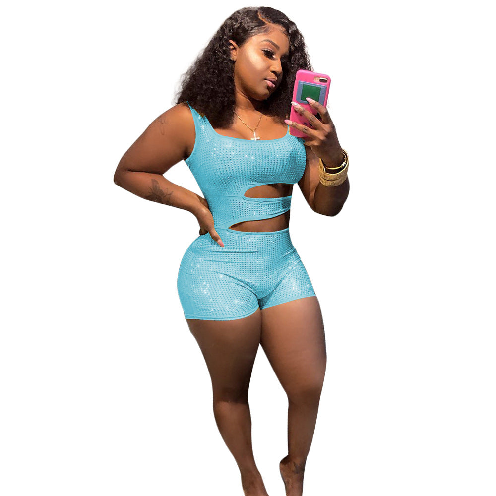 Tank Rhinestone Hollow Out Rompers
