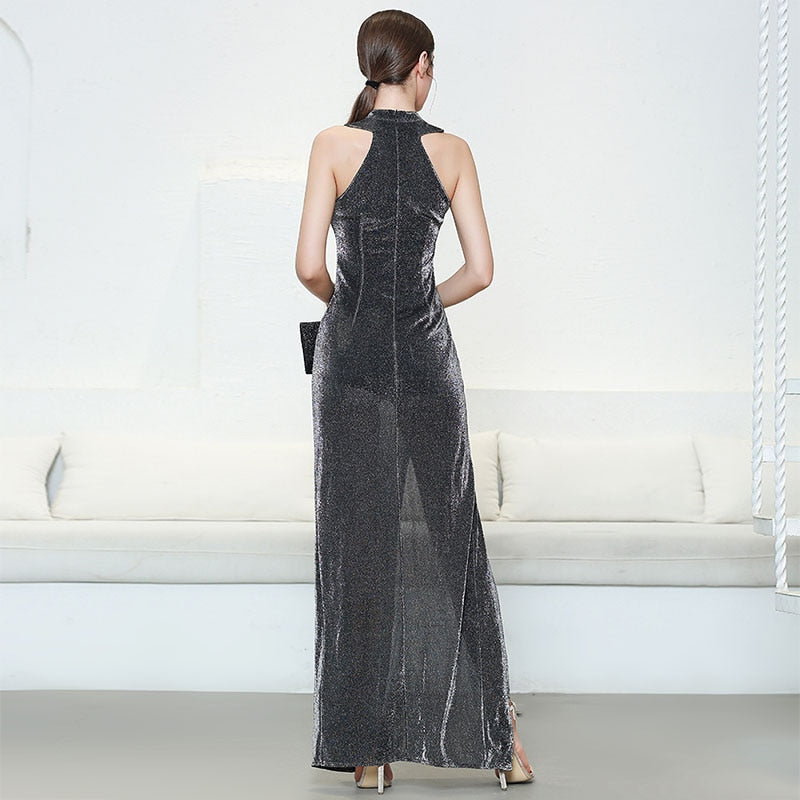 Metal Weave Fabric Ruched Ruffles Maxi Dress (Wrinkle Free)