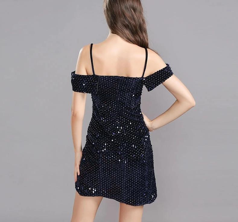 Velvet Bottom Sequin Spaghetti Straps Off Shoulder Dress