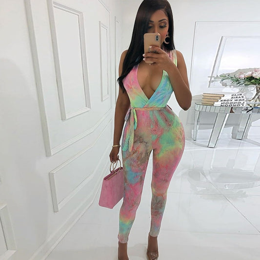 Powder Rainbow Tie Dye Deep V Jumpsuit