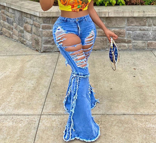 Multi Ripped Flare High Waist Jeans