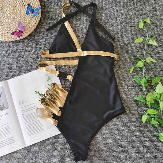 Black Gold Asymmetrical Cut Out Backless Monokini