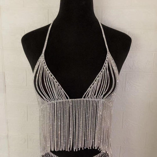 Crystal Long Tassel Chain Bra & Skirt