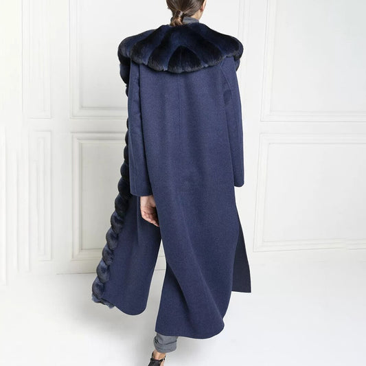 Black Rabbit Genuine Collar Long Overcoat