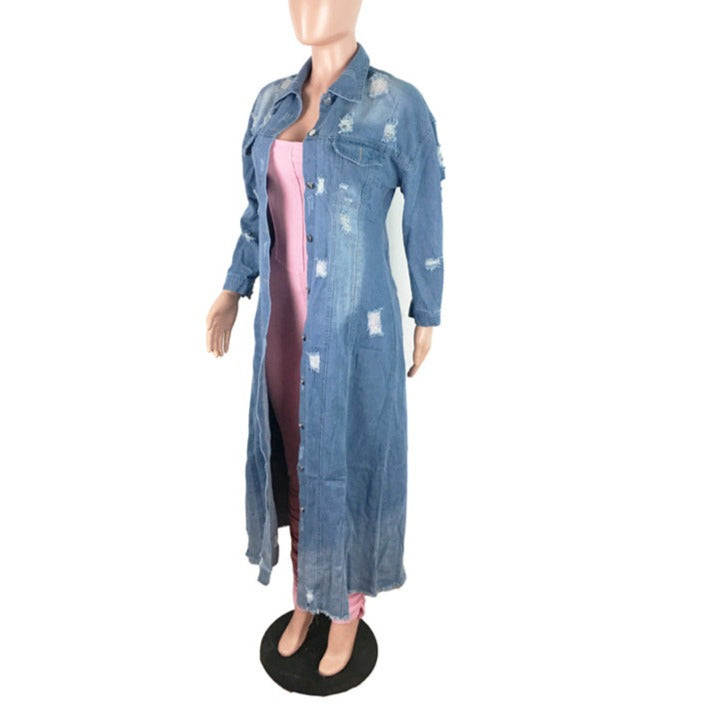 Retro Button Up Denim Ripped Long Jacket