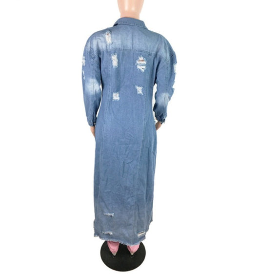 Retro Button Up Denim Ripped Long Jacket