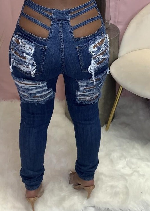 Hollow Hip High Waisted Ripped Jeans