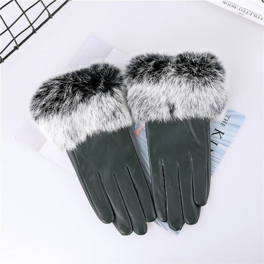 Genuine Leather Gloves Rabbit Fur Cuffs Women
