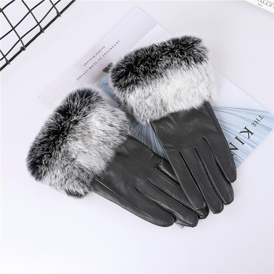 Genuine Leather Gloves Rabbit Fur Cuffs Women