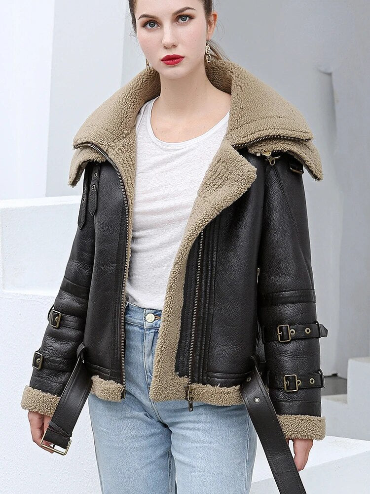 Genuine Leather Coat Wool Liner Removable Double Collar