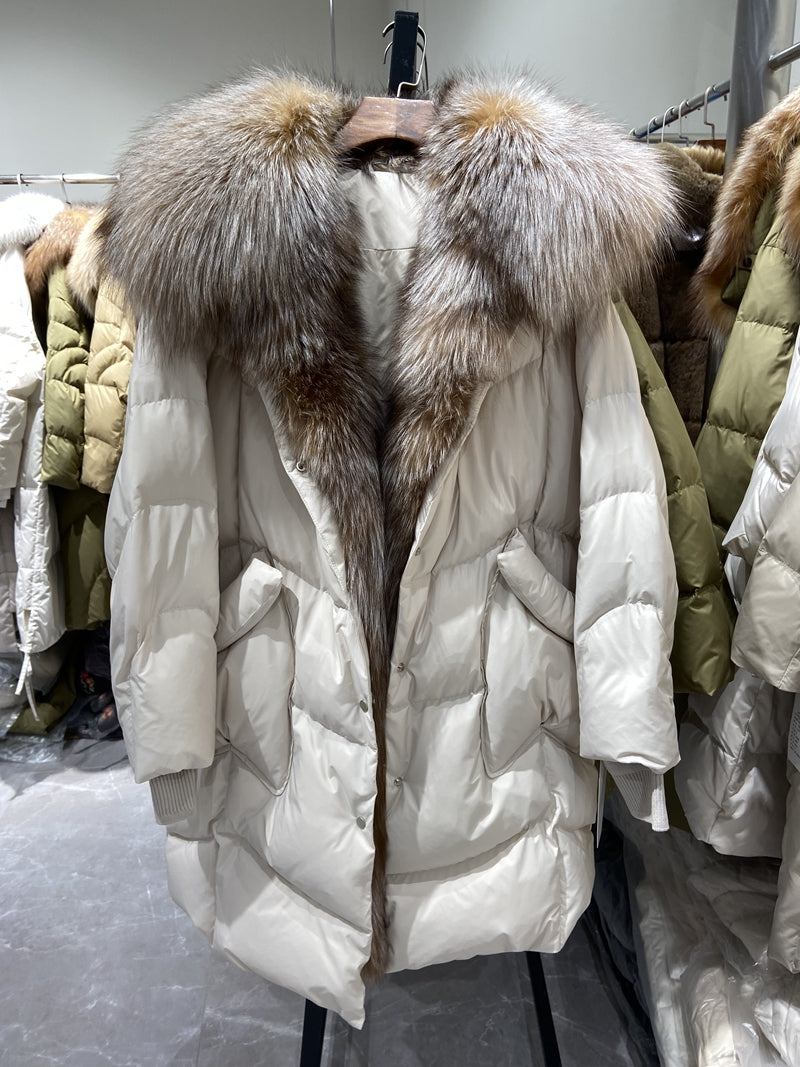 White Goose Down Fur Collar Long Puffer Coats