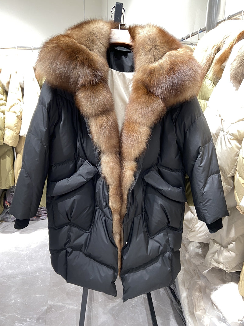 White Goose Down Fur Collar Long Puffer Coats