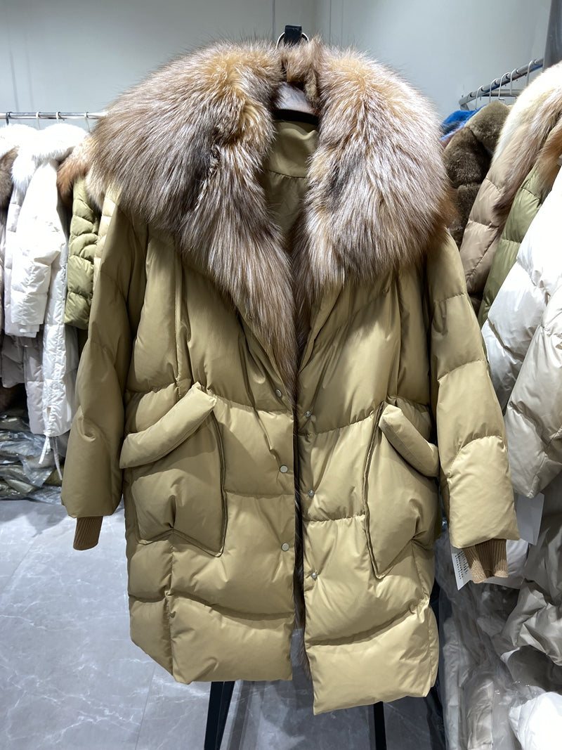 White Goose Down Fur Collar Long Puffer Coats