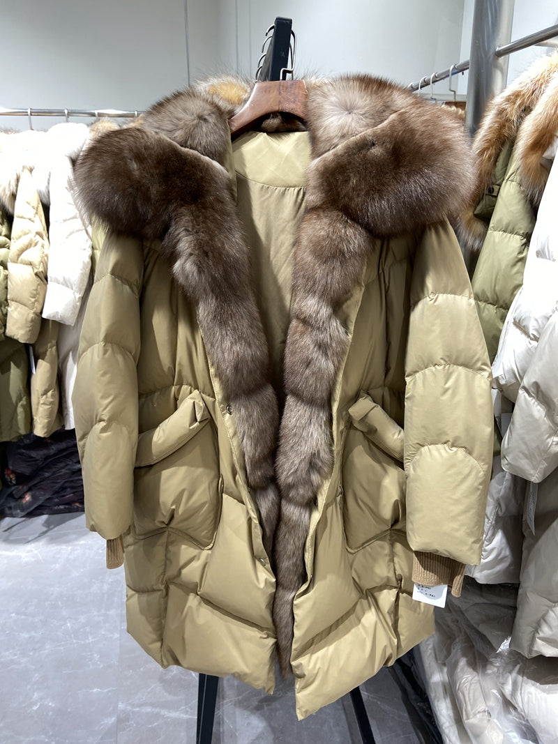 White Goose Down Fur Collar Long Puffer Coats