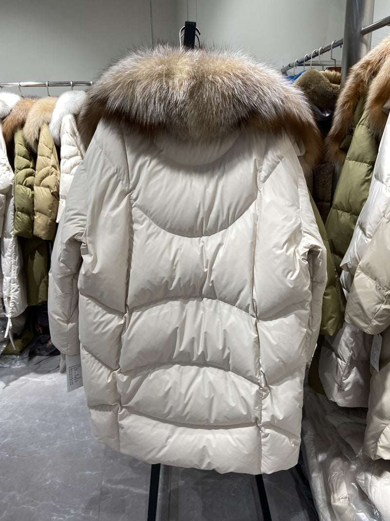 White Goose Down Fur Collar Long Puffer Coats