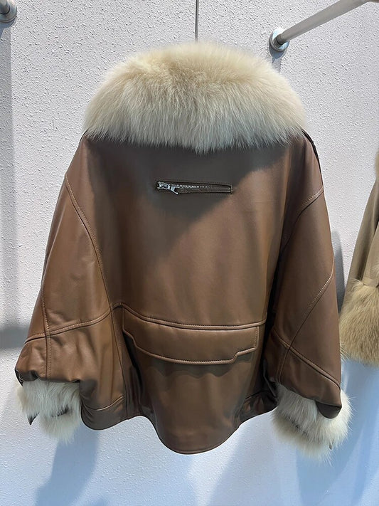 Genuine Leather Goose Down Coat Natural Fur Collar & Trim