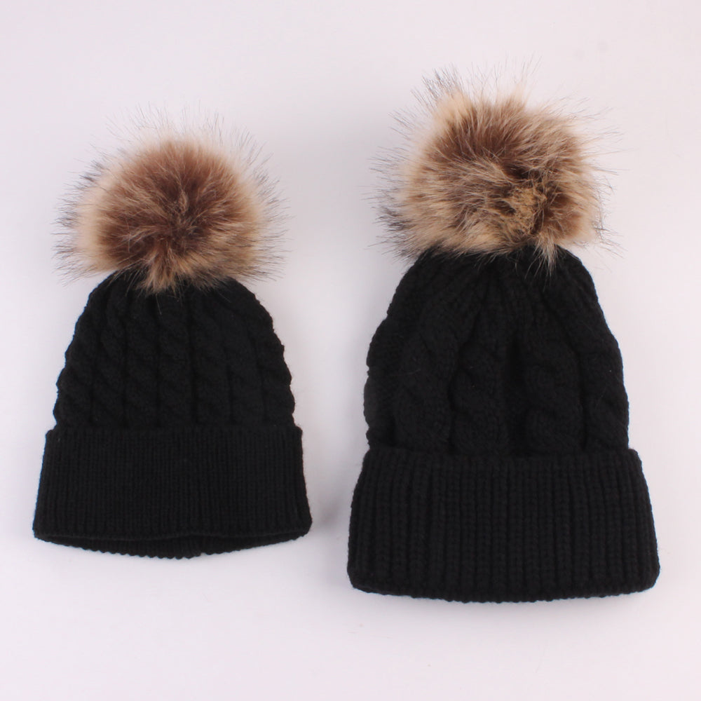 Mom & Newborn Baby Crochet Knit Hairball Beanie