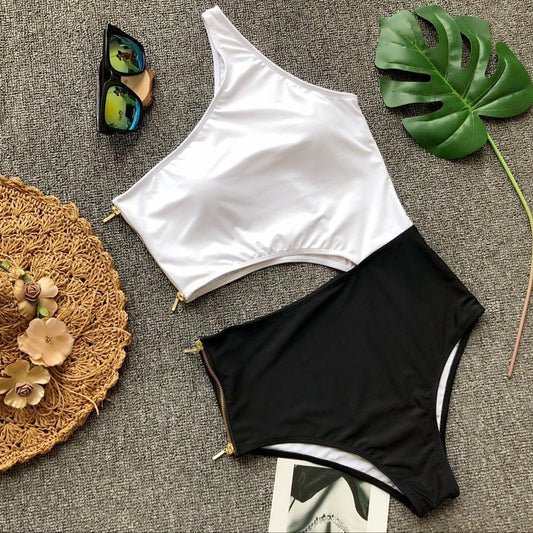 One Shoulder Belly Cut Side Zipper Monokini's