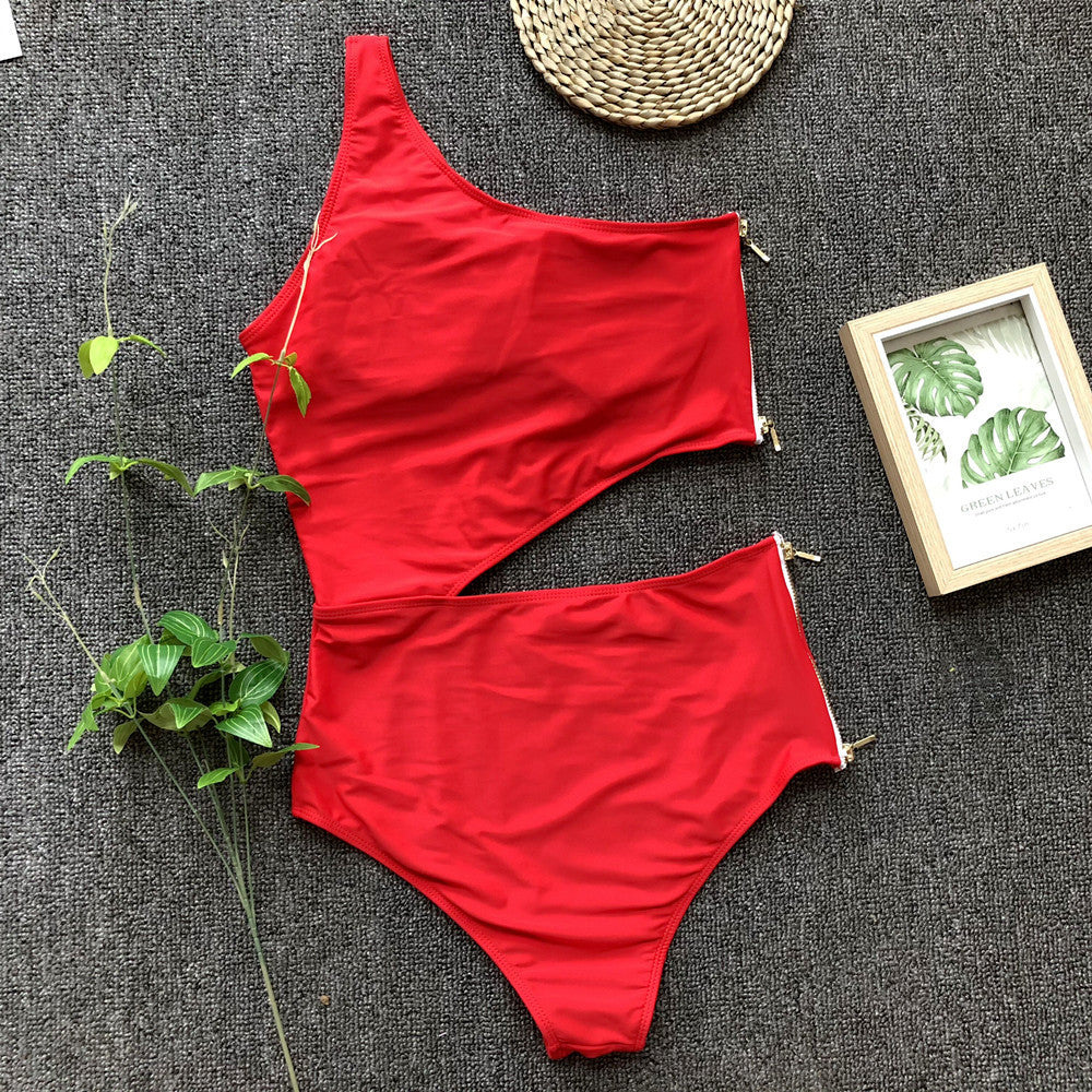 One Shoulder Belly Cut Side Zipper Monokini's