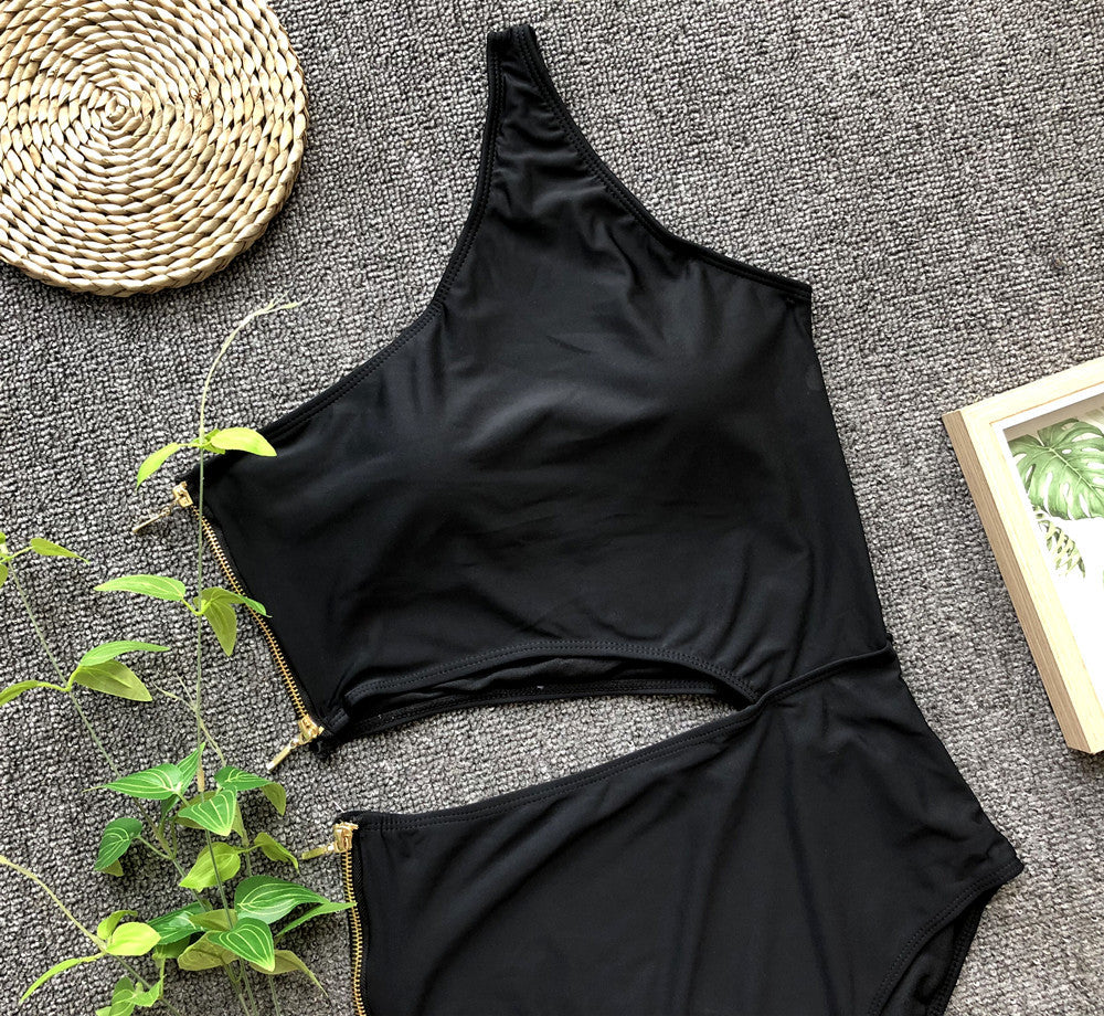 One Shoulder Belly Cut Side Zipper Monokini's