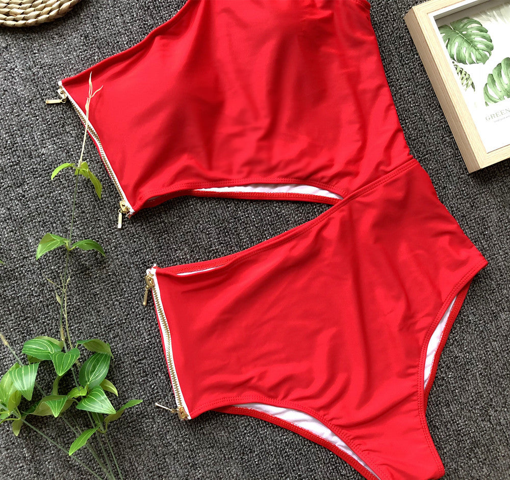 One Shoulder Belly Cut Side Zipper Monokini's