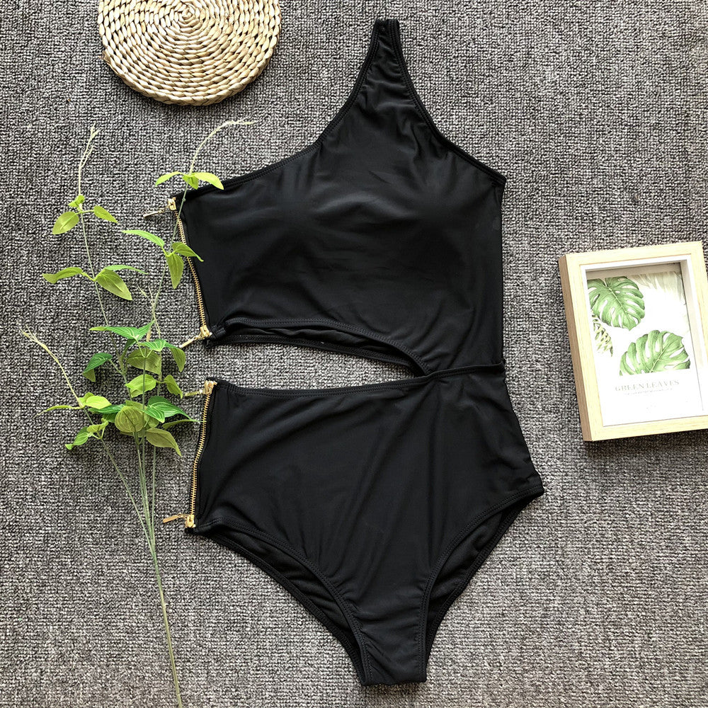 One Shoulder Belly Cut Side Zipper Monokini's