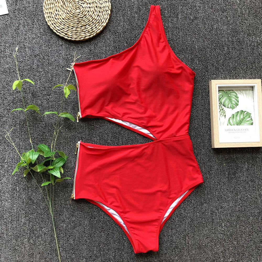 One Shoulder Belly Cut Side Zipper Monokini's