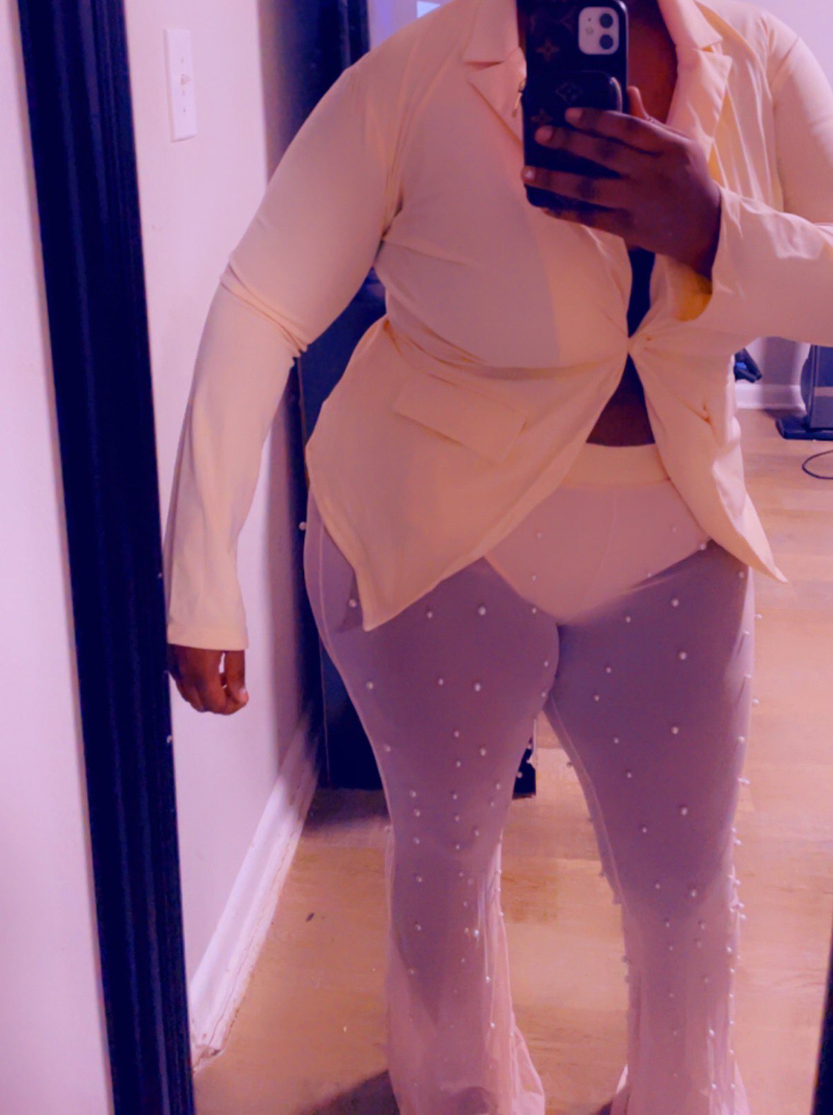 Deep V Blazer & Mesh Pearls Pants Sets