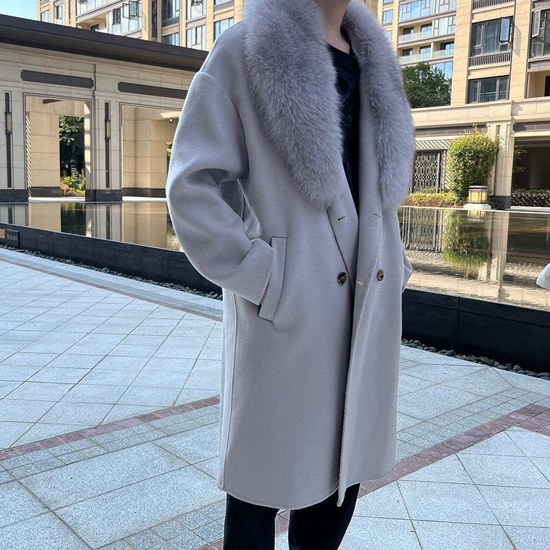 Real Wool Detachable Big Real Fox Fur Collar Long Coats