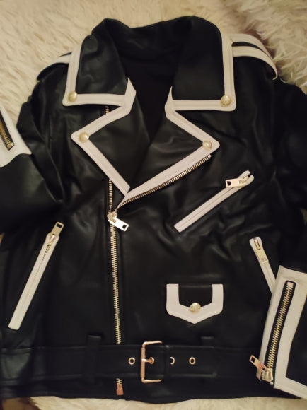 Black Genuine Leather White Trim Moto Jacket