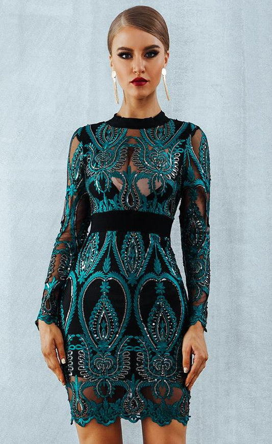 Sequin Long Sleeve Backless Hollow Mesh Mini Dress