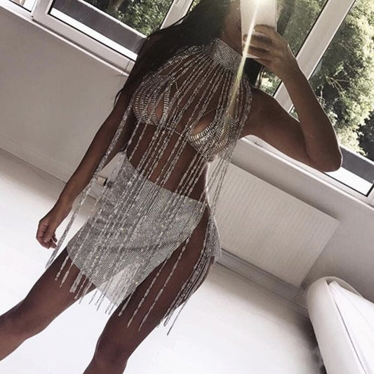Rhinestone Turtleneck Tassel Mini Dress Drape