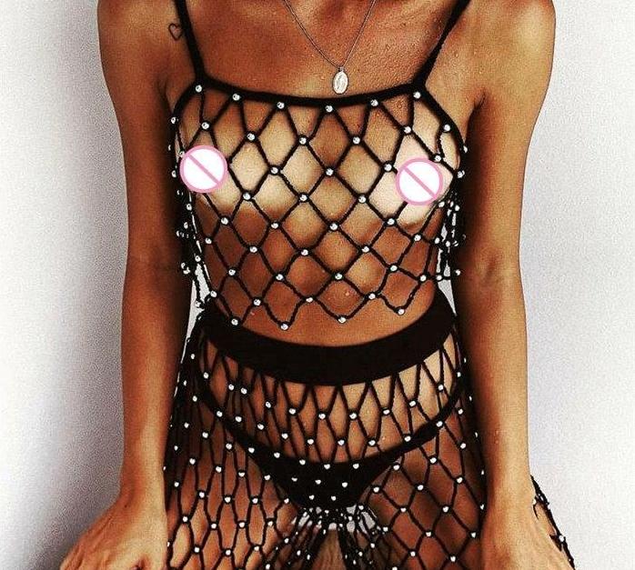 Fishnet Hollow Knitted Bead Tank Top and Loose Pants