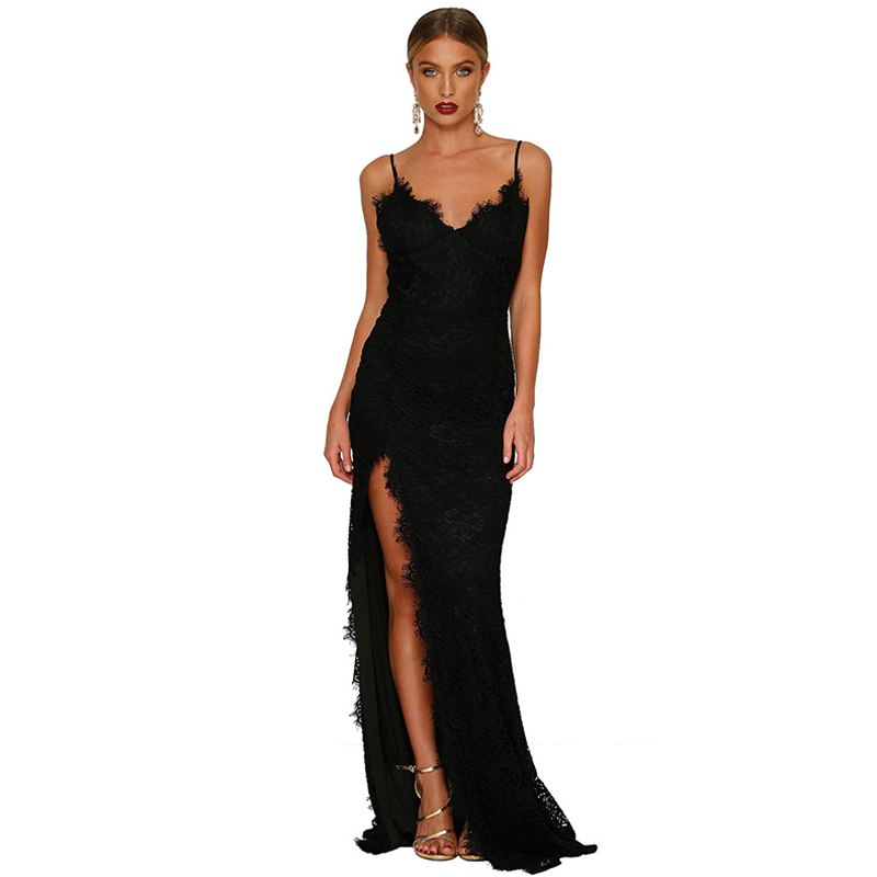 Strapless Lace Side Split Maxi Dresses