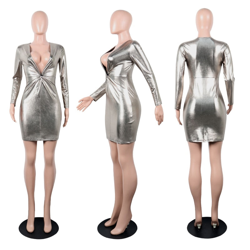Metallic Shiny Deep V Long Sleeve Bodycon Mini Dress