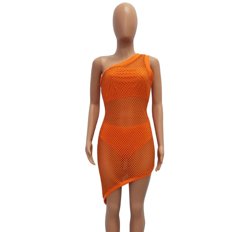 Neon Fishnet One Shoulder Bodycon Dresses 3 Pcs Sets