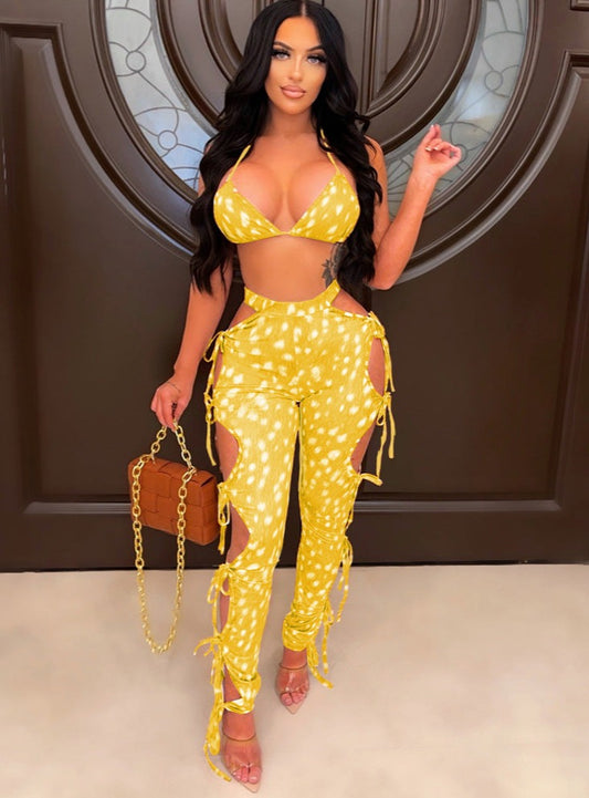 Crop Top Print Tied Side Leggings Sets