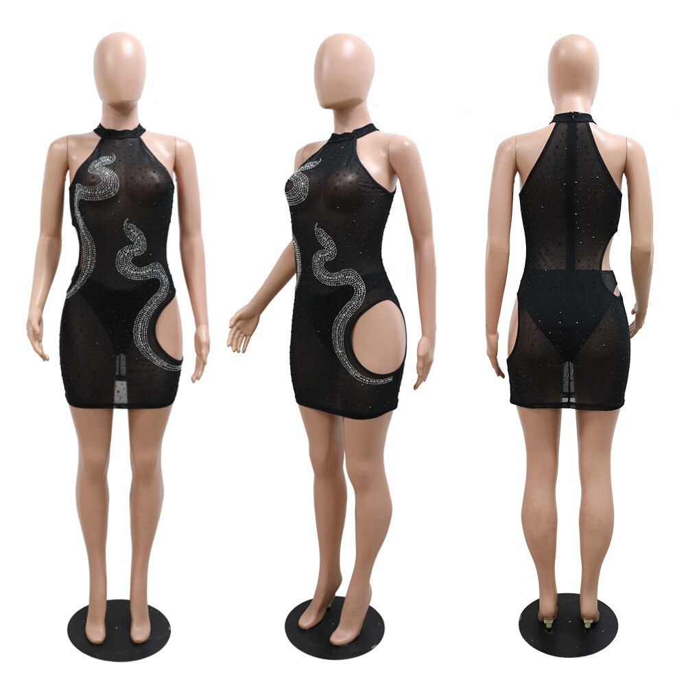 Snake Crystal Mesh Hollow Mini Dress