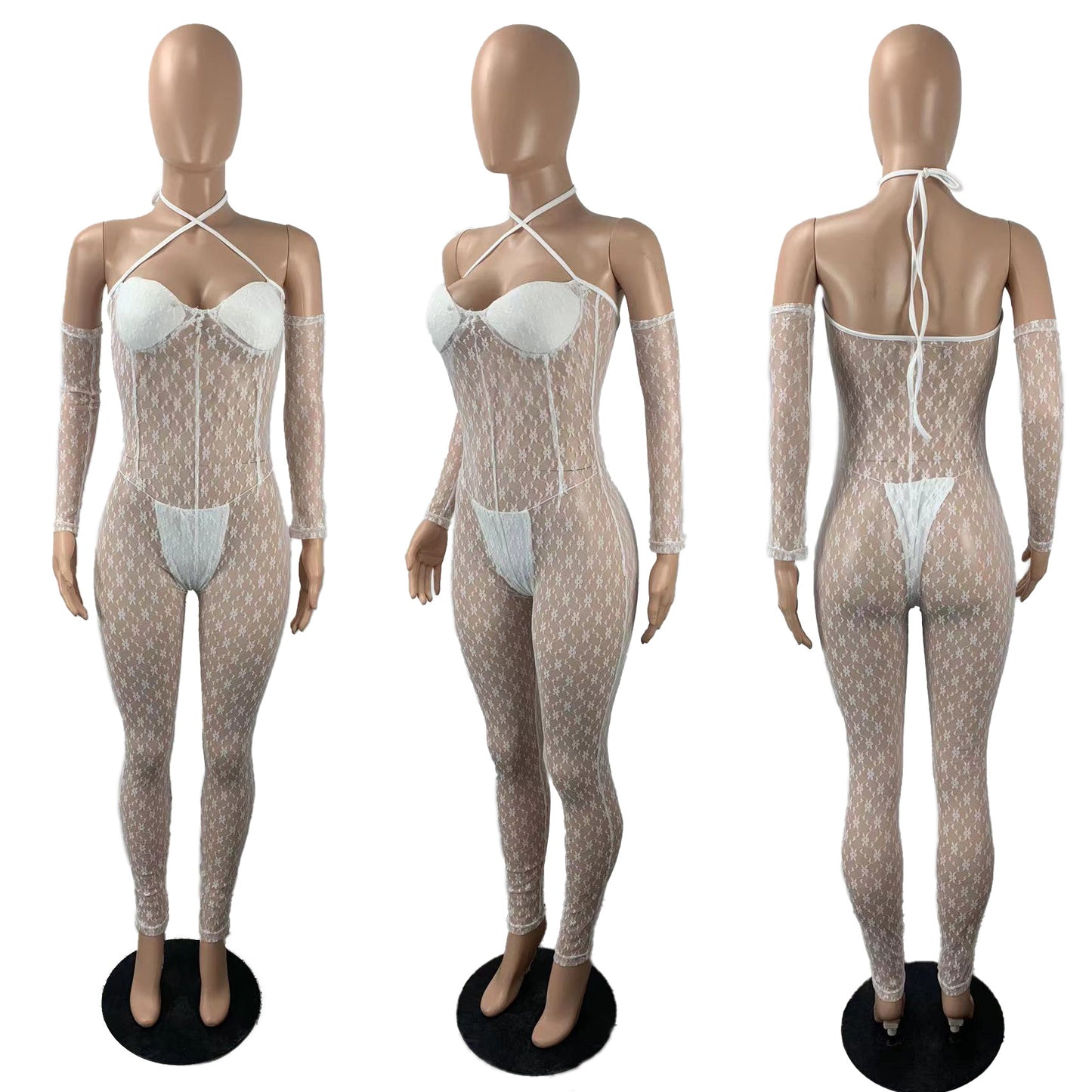 Sheer Mesh Off Shoulder Long Sleeve Jumpsuits