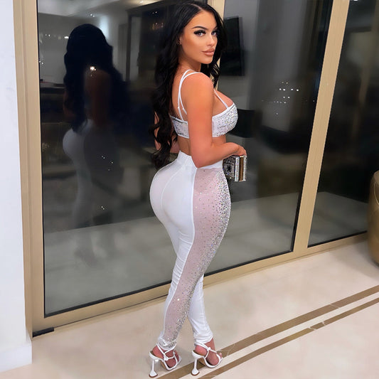 Sparkling Crystal Crop & Mesh Leggings Sets